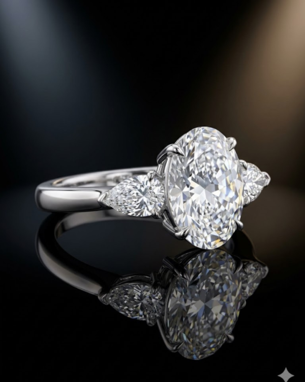 101 Exquisite Oval & Pear Three-Stone Diamond Engagement Ring in 18K White Gold