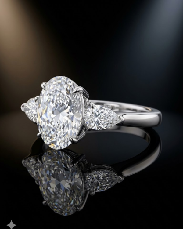 102 Exquisite Oval & Pear Three-Stone Diamond Engagement Ring in 18K White Gold