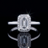 84 18K White Gold Emerald Cut Diamond Halo Engagement Ring | Architectural Art Deco Style