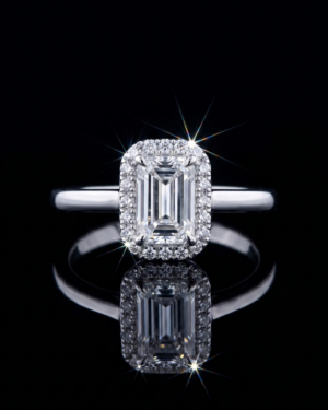 84 18K White Gold Emerald Cut Diamond Halo Engagement Ring | Architectural Art Deco Style