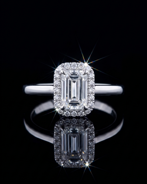 84 18K White Gold Emerald Cut Diamond Halo Engagement Ring | Architectural Art Deco Style