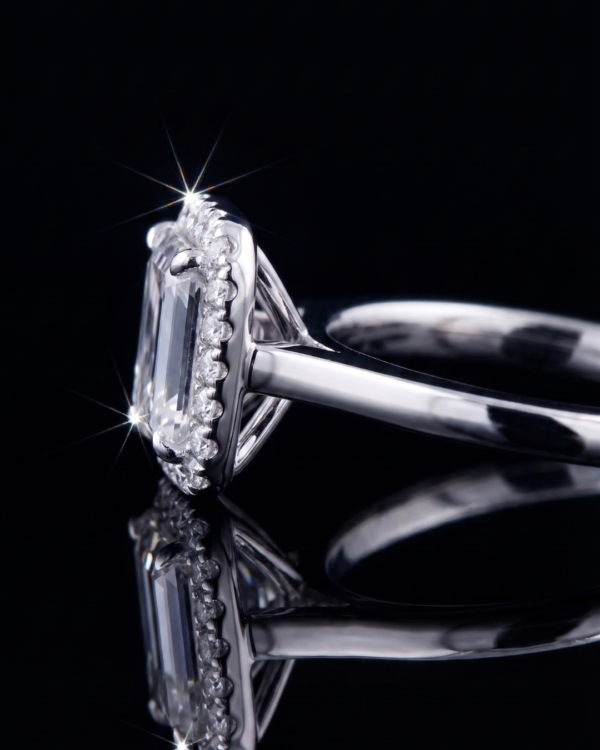 85 18K White Gold Emerald Cut Diamond Halo Engagement Ring | Architectural Art Deco Style