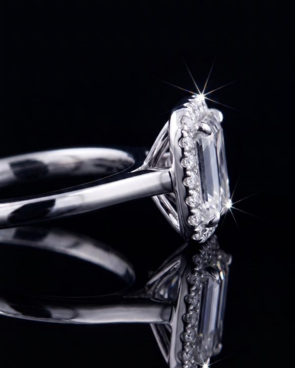 86 18K White Gold Emerald Cut Diamond Halo Engagement Ring | Architectural Art Deco Style