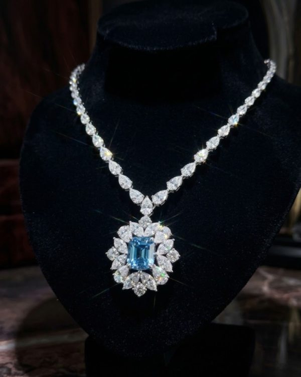 97 Imperial 18K White Gold Emerald-Cut Aquamarine & Diamond Floral Statement Necklace
