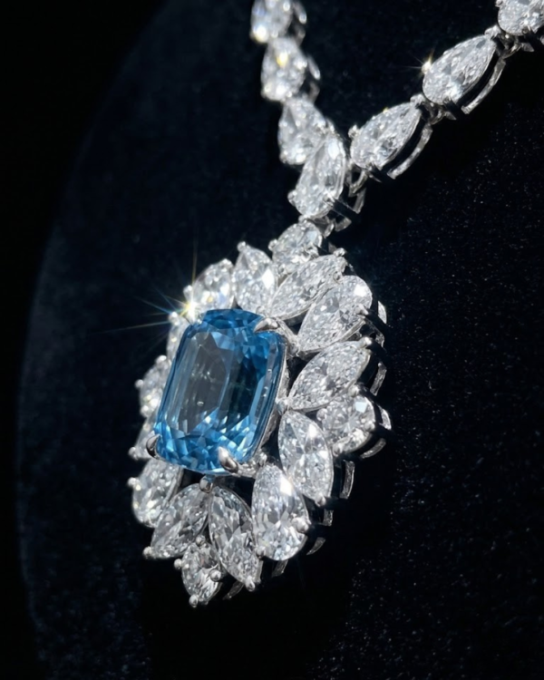 98 Imperial 18K White Gold Emerald-Cut Aquamarine & Diamond Floral Statement Necklace