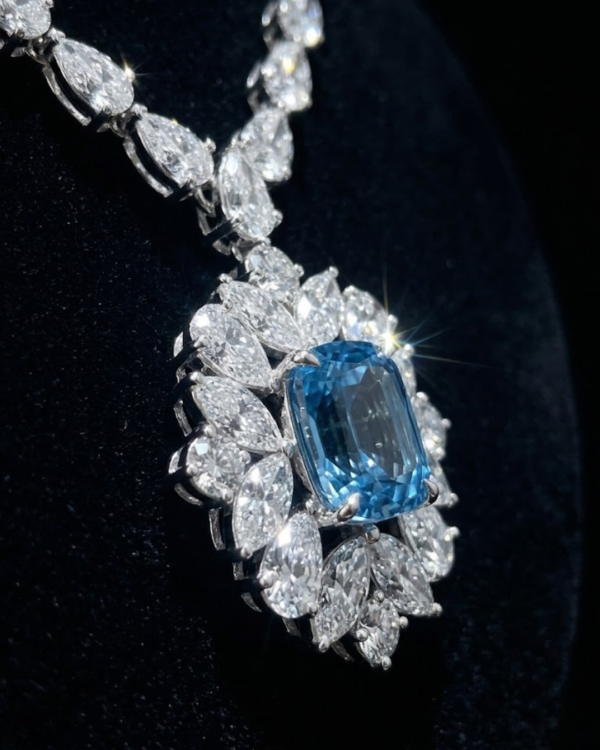99 Imperial 18K White Gold Emerald-Cut Aquamarine & Diamond Floral Statement Necklace